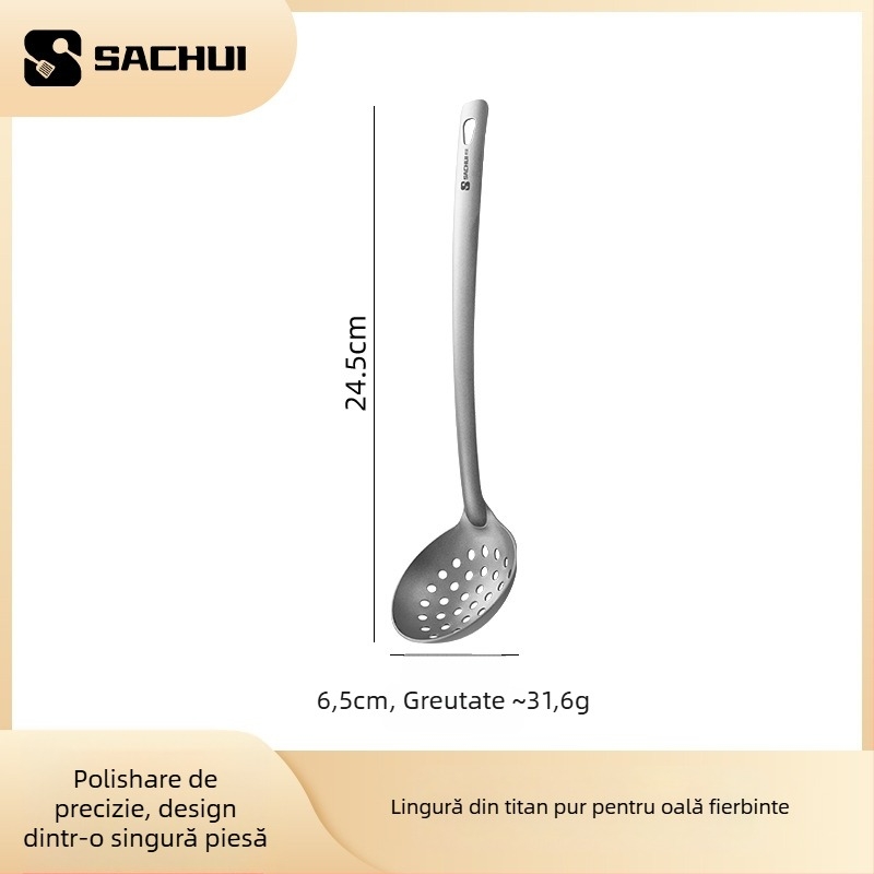 Lingură de gătit din titan pur, mâner lung — anti-alunecare, rezistență la temperaturi înalte, protecție împotriva arsurilor
