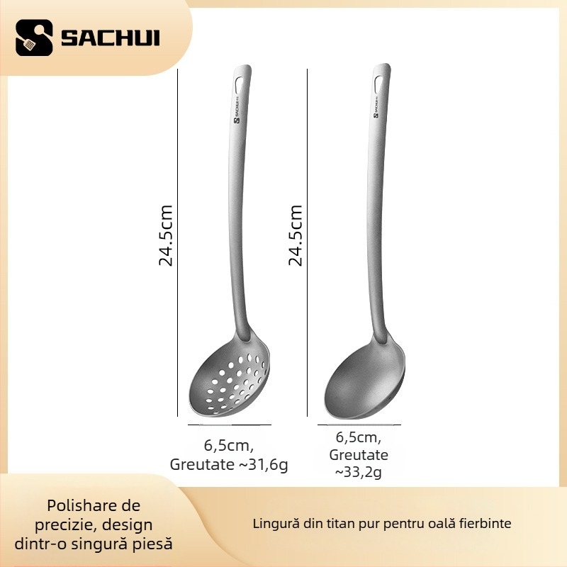 Lingură de gătit din titan pur, mâner lung — anti-alunecare, rezistență la temperaturi înalte, protecție împotriva arsurilor
