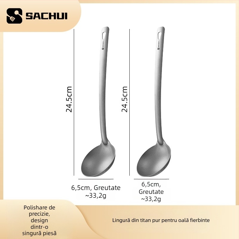 Lingură de gătit din titan pur, mâner lung — anti-alunecare, rezistență la temperaturi înalte, protecție împotriva arsurilor