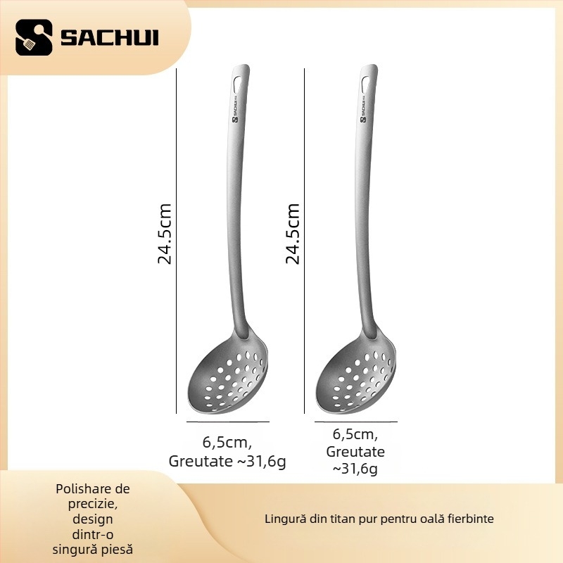 Lingură de gătit din titan pur, mâner lung — anti-alunecare, rezistență la temperaturi înalte, protecție împotriva arsurilor