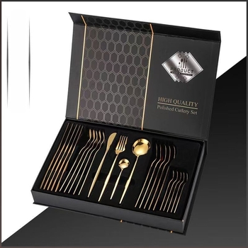Set tacâmuri din oțel inoxidabil, 24 piese, într-o cutie cadou cu capac flip-top; include cuțit, furculiță, lingură, linguriță și linguriță pentru gheață; 410 oțel inoxidabil; luciu oglindă; stil minimalist modern