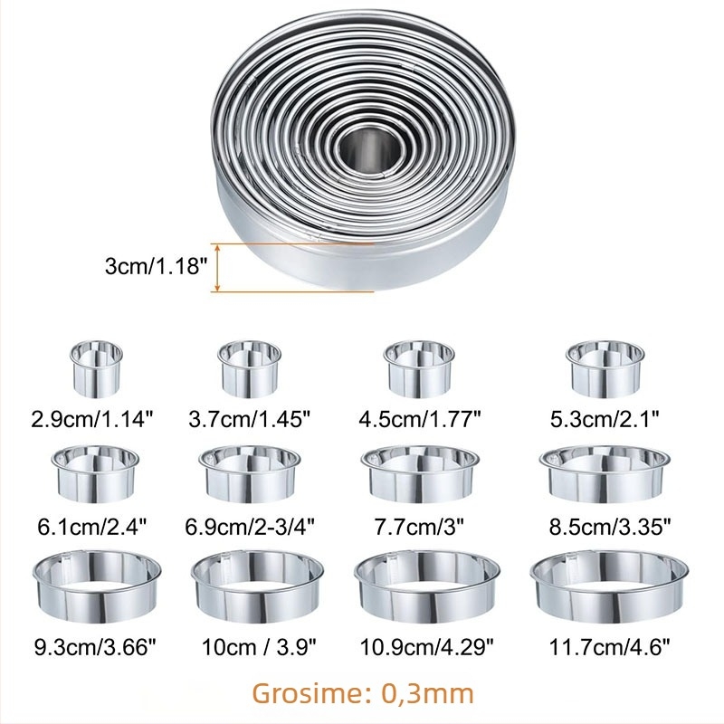 Formă rotundă din oțel inoxidabil pentru prăjituri, cu inel mousse și margini curbate, set de 12 piese