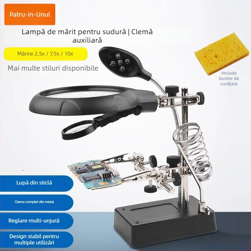 Lampă de birou cu lupă pentru reparații ale telefoanelor mobile, cu suport pentru fier de lipit | Brand: Unique, Material: lemn de santal mov