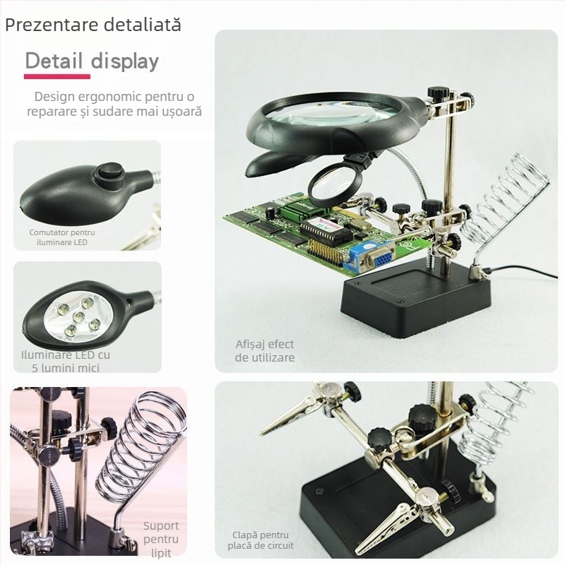 Lampă de birou cu lupă pentru reparații ale telefoanelor mobile, cu suport pentru fier de lipit | Brand: Unique, Material: lemn de santal mov