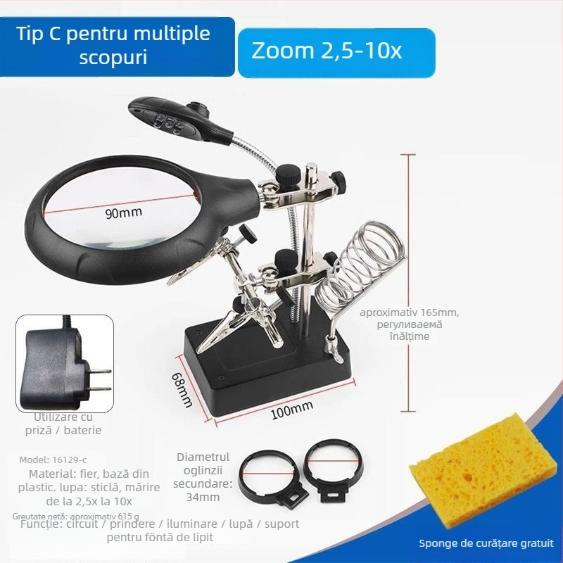 Lampă de birou cu lupă pentru reparații ale telefoanelor mobile, cu suport pentru fier de lipit | Brand: Unique, Material: lemn de santal mov