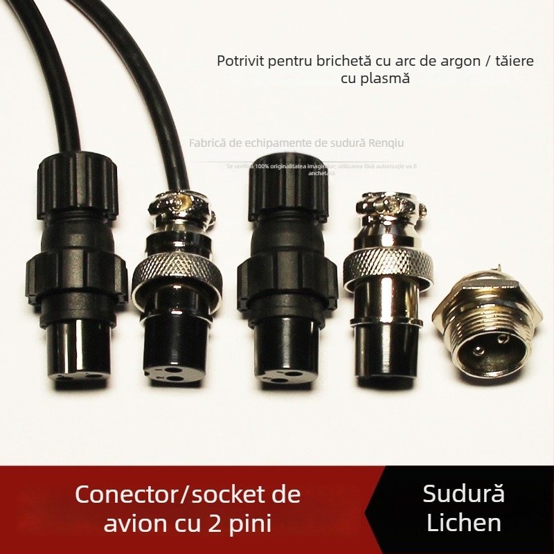 Priză cu doi conductori pentru linia de control a ciocanului de sudură, cu conector aeronautic; construcție din plastic/metal; diametru 10 mm; potrivit pentru sudare și tăiere cu plasmă