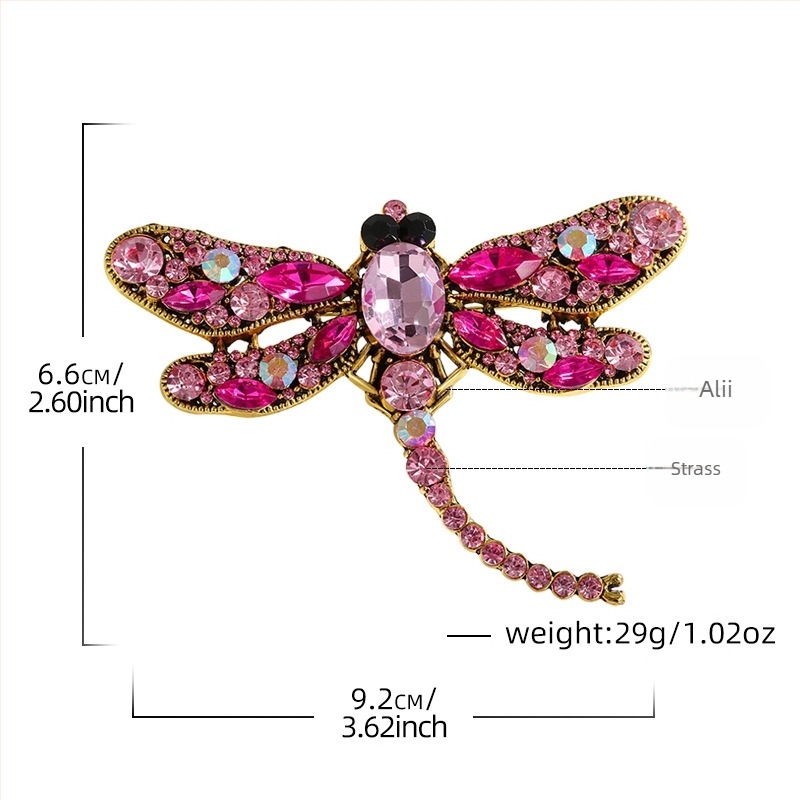 Broșă cu libelulă, aliaj de zinc, cu diamante, motiv insecte, accesoriu vestimentar retro