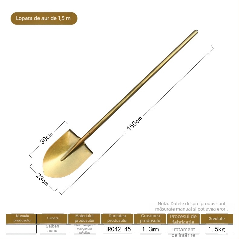 Lopată pentru ceremonie de punere a fundației, din oțel mangan 50Mn, vârf ascuțit, destinată ceremoniei de inaugurare