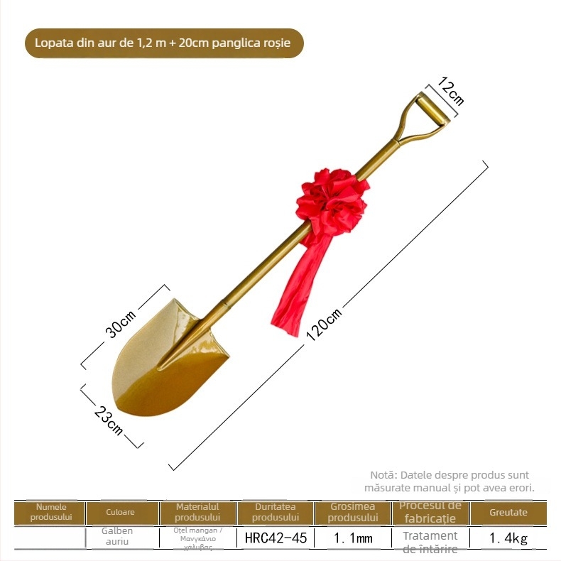 Lopată pentru ceremonie de punere a fundației, din oțel mangan 50Mn, vârf ascuțit, destinată ceremoniei de inaugurare