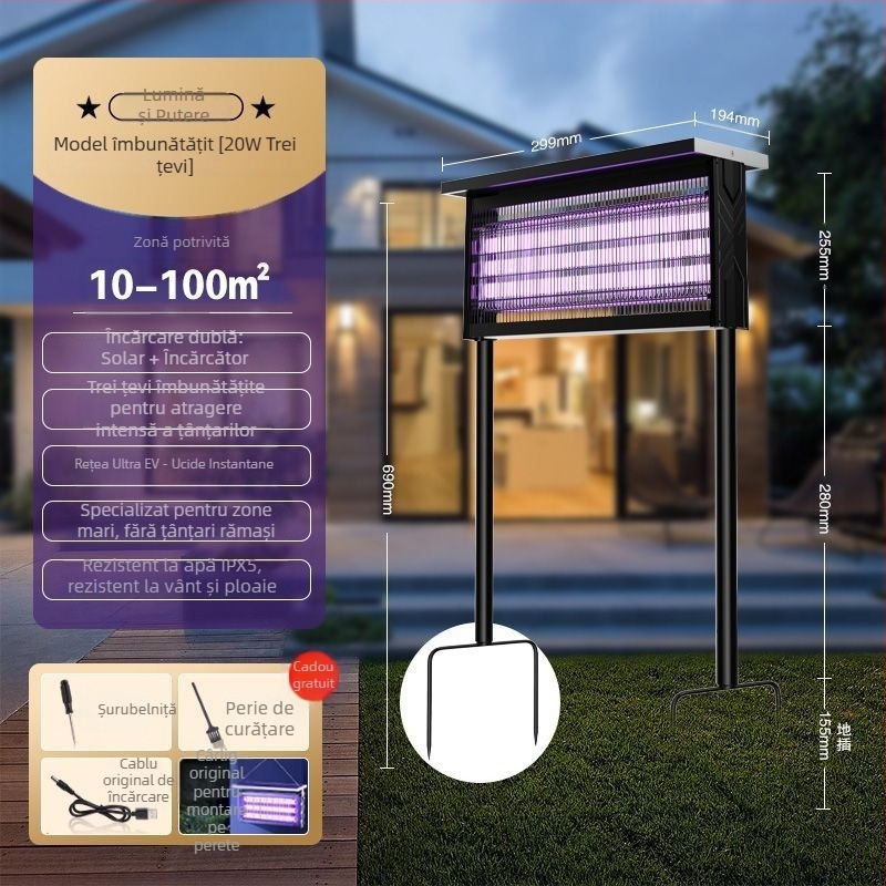 Lampă solară exterioară pentru țânțari - impermeabilă, reîncărcabilă prin energie solară, cu lumină UV mov, acoperire 200 m²