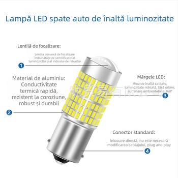 Lumină LED pentru mașină 1156/1157, T20 lumină de mers înapoi, 3014 144-SMD lumină de zi, 12-24V, 6000K, carcasă din aluminiu