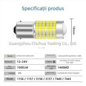 Lumină LED pentru mașină 1156/1157, T20 lumină de mers înapoi, 3014 144-SMD lumină de zi, 12-24V, 6000K, carcasă din aluminiu