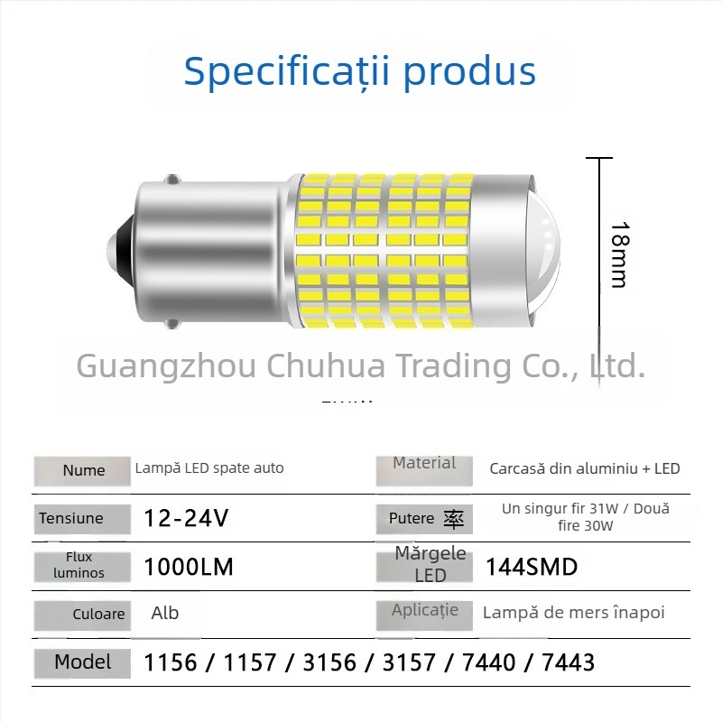 Lumină LED pentru mașină 1156/1157, T20 lumină de mers înapoi, 3014 144-SMD lumină de zi, 12-24V, 6000K, carcasă din aluminiu