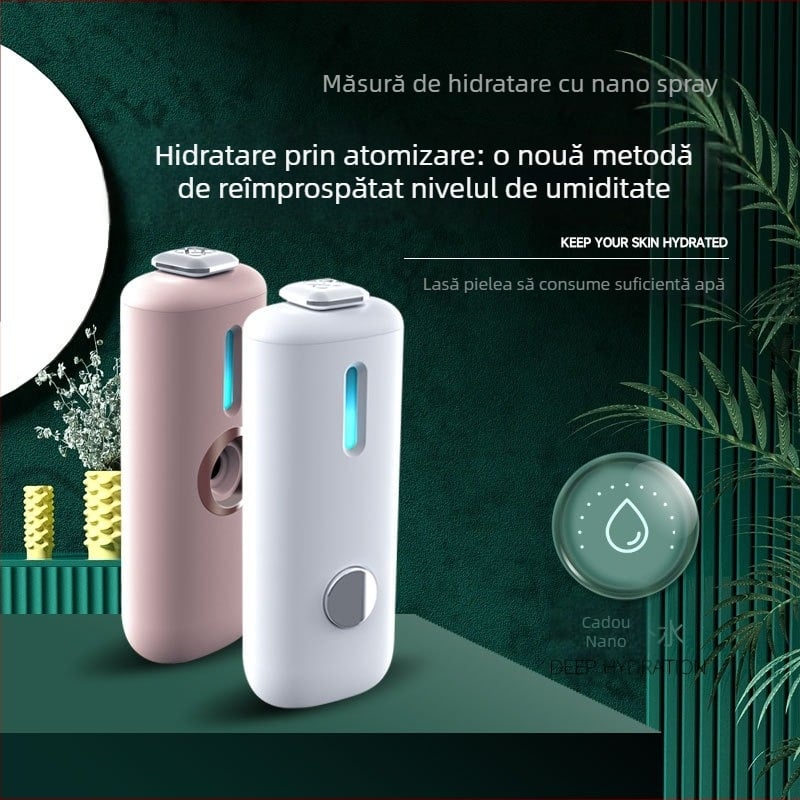Umidificator cu pulverizare nano pentru față – dispozitiv portabil de înfrumusețare, încărcabil, pulverizare la rece, 0.1 ml/min, alimentare 5V USB, carcasă ABS
