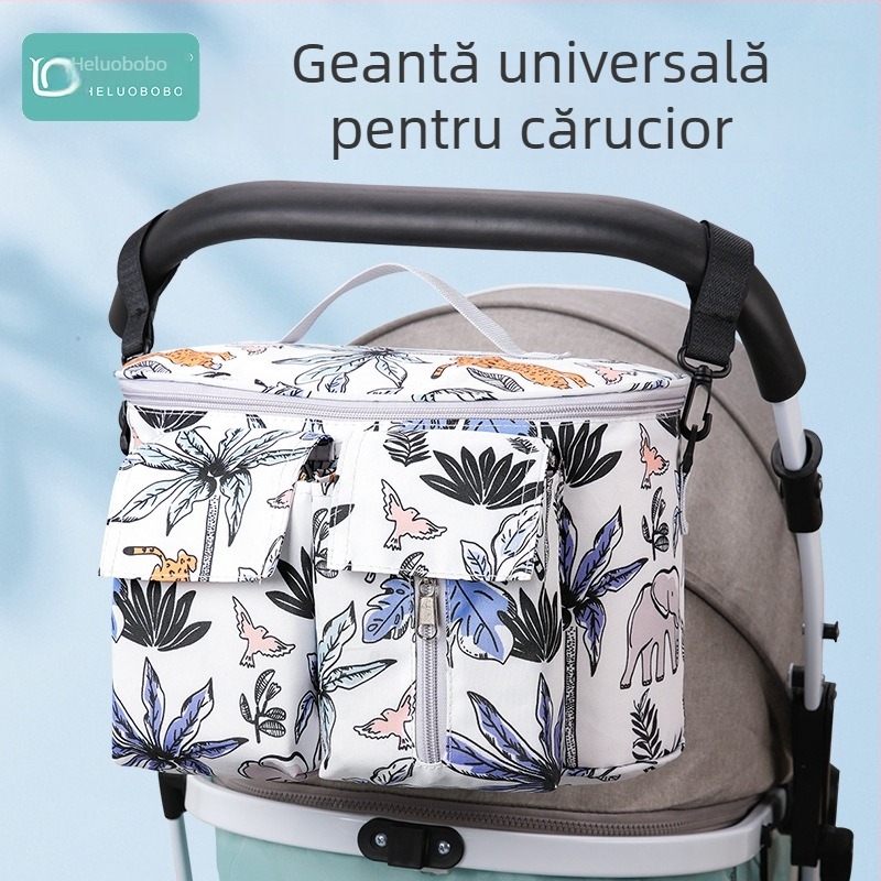 Geantă pentru cărucior de tip agățat, cu model floral, material Oxford, impermeabilă, căptușită cu poliester