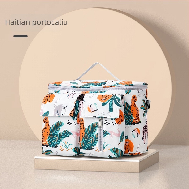 Geantă pentru cărucior de tip agățat, cu model floral, material Oxford, impermeabilă, căptușită cu poliester