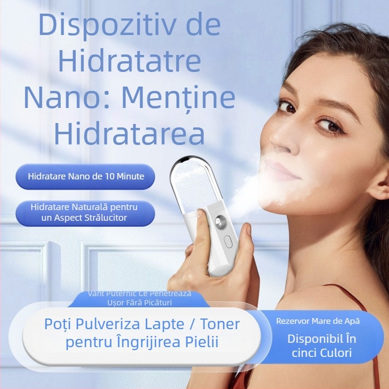 Dispozitiv de hidratare cu ceață nano - Umidificator facial portabil, pulverizare rece, 5+ trepte, timp de ceață ≤10s, Tehnologie termoelctrică de hidratare, Fără baterie încorporată