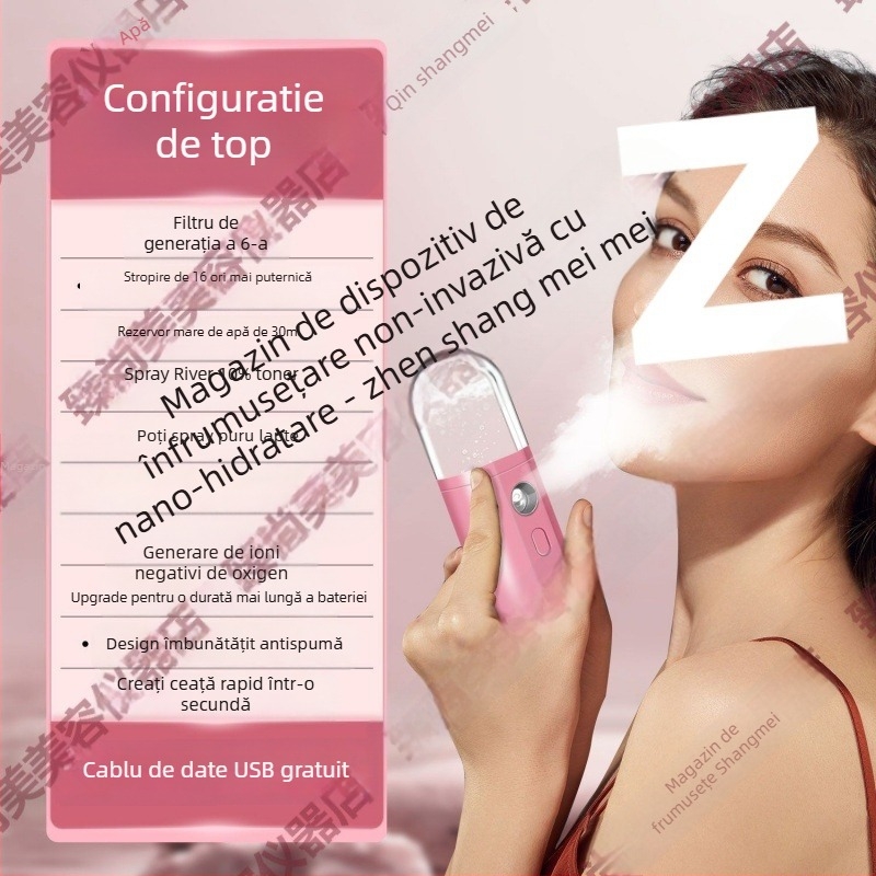 Dispozitiv de hidratare cu ceață nano - Umidificator facial portabil, pulverizare rece, 5+ trepte, timp de ceață ≤10s, Tehnologie termoelctrică de hidratare, Fără baterie încorporată