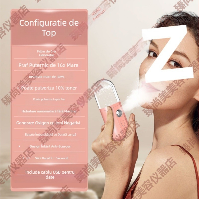 Dispozitiv de hidratare cu ceață nano - Umidificator facial portabil, pulverizare rece, 5+ trepte, timp de ceață ≤10s, Tehnologie termoelctrică de hidratare, Fără baterie încorporată