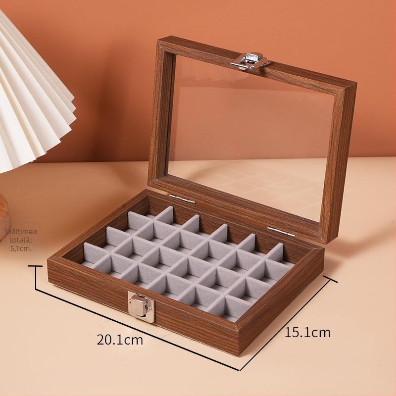 Cutie de bijuterii din lemn cu capac, protejată împotriva prafului, multipurpose pentru depozitare pe birou, un singur nivel, stil retro