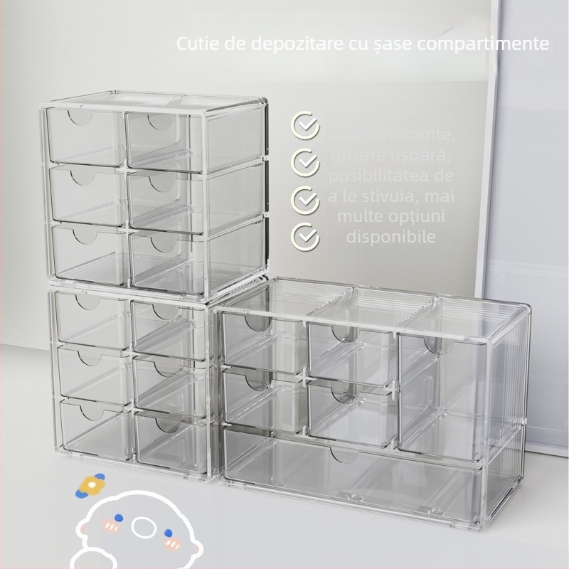 Organizator pentru bijuterii și lentile de contact, suprafață transparentă cu sertare, material PS, stil modern minimalist, lansare 2023