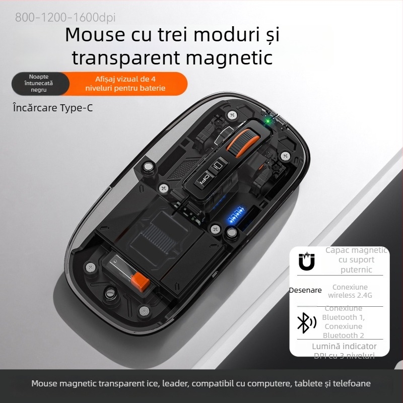 Mouse wireless 2.4G + Bluetooth, 1600dpi, 5 butoane, rază de 10m, 76g, compatibil cu laptop