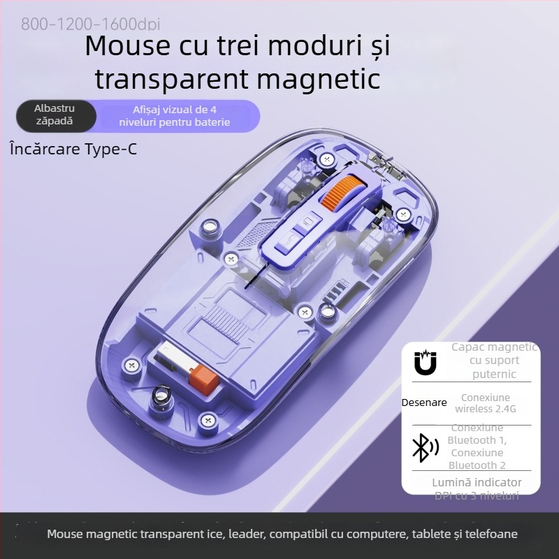Mouse wireless 2.4G + Bluetooth, 1600dpi, 5 butoane, rază de 10m, 76g, compatibil cu laptop