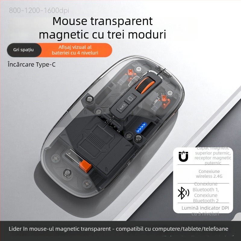 Mouse wireless 2.4G + Bluetooth, 1600dpi, 5 butoane, rază de 10m, 76g, compatibil cu laptop