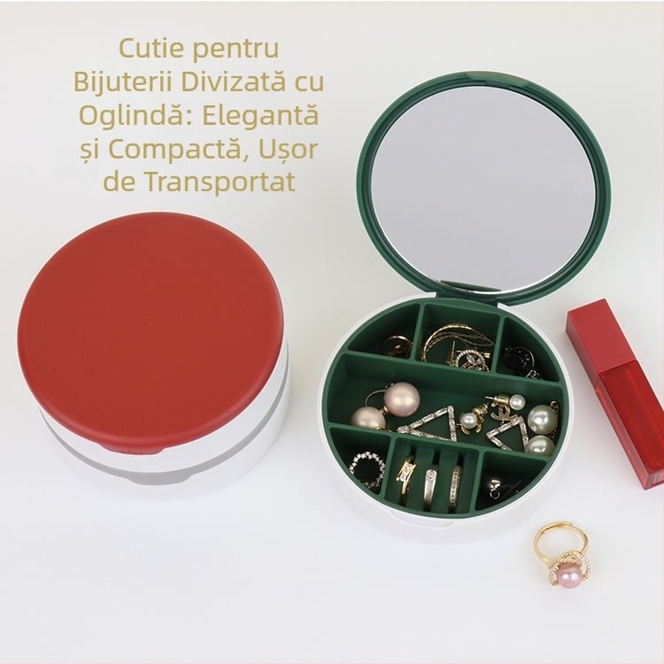 Cutie circulară pentru bijuterii cu oglindă pentru călătorii, compartimente interne, organizator de birou portabil, rezistentă la praf și umiditate, protecție anti-oxidare, model CY1009, greutate 110 g