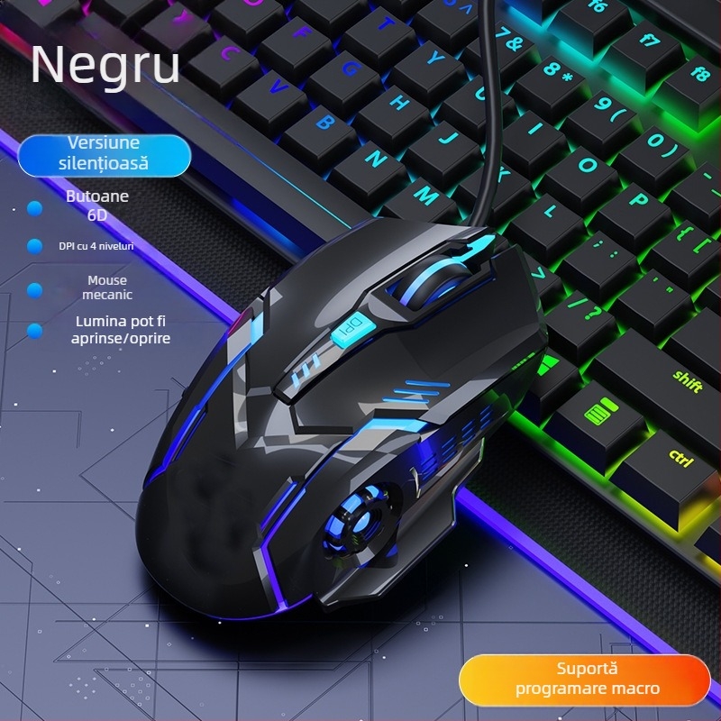 Mouse de gaming cu fir, mecanic, iluminat, USB
