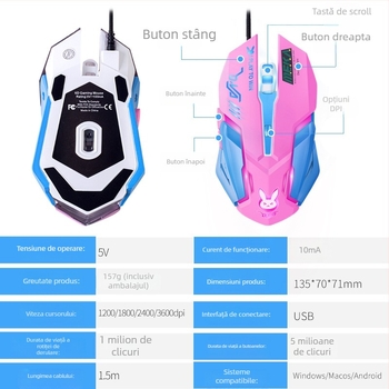 Sobebetter VMO-161 mouse optic cablat pentru jocuri, USB, 3200 DPI, 6 butoane, ergonomic, 4 niveluri DPI