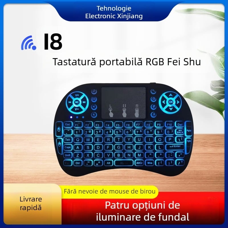 Tastatură mini wireless iluminată cu air mouse (i8) – interfață USB, rază de 10 m, 2000 dpi