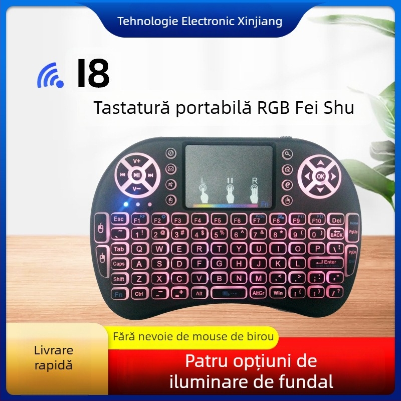 Tastatură mini wireless iluminată cu air mouse (i8) – interfață USB, rază de 10 m, 2000 dpi