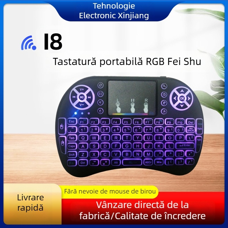 Tastatură mini wireless iluminată cu air mouse (i8) – interfață USB, rază de 10 m, 2000 dpi