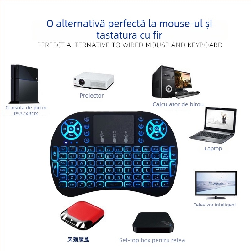 Tastatură mini wireless iluminată cu air mouse (i8) – interfață USB, rază de 10 m, 2000 dpi