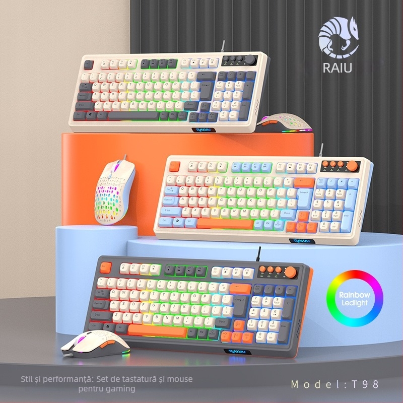 Set Tastatură și mouse cu cablu T98, USB, senzor optic 1600dpi, ergonomic, impermeabil, etichetă privată personalizabilă