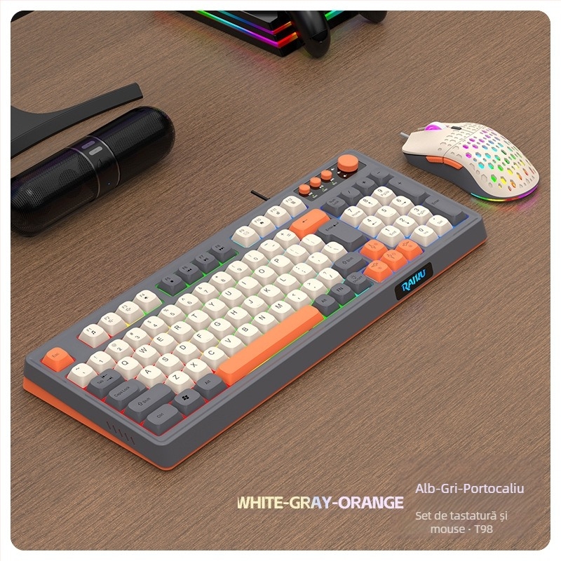 Set Tastatură și mouse cu cablu T98, USB, senzor optic 1600dpi, ergonomic, impermeabil, etichetă privată personalizabilă