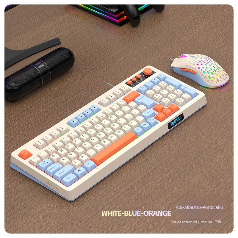 Set Tastatură și mouse cu cablu T98, USB, senzor optic 1600dpi, ergonomic, impermeabil, etichetă privată personalizabilă