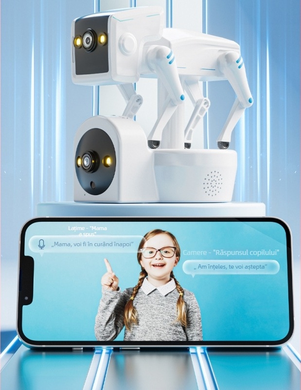 Cameră inteligentă de interior cu 1080p, obiectiv 3.6mm, vedere nocturnă, ecran dual, control prin aplicație