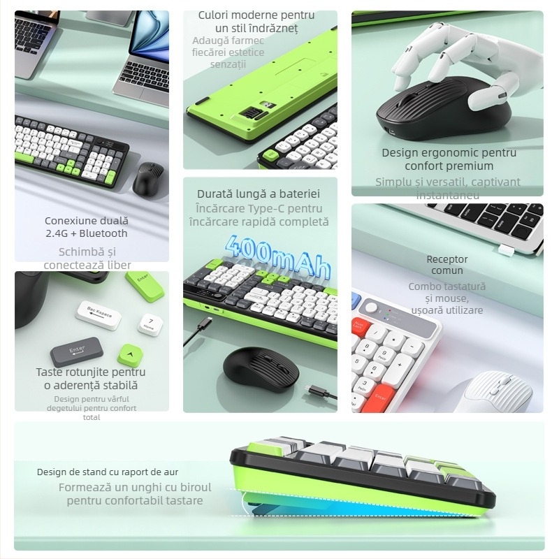 Set tastatură și mouse wireless cu Bluetooth, reîncărcabil, interfețe USB pentru tastatură și mouse, pentru desktop și laptop