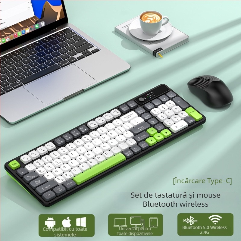 Set tastatură și mouse wireless cu Bluetooth, reîncărcabil, interfețe USB pentru tastatură și mouse, pentru desktop și laptop