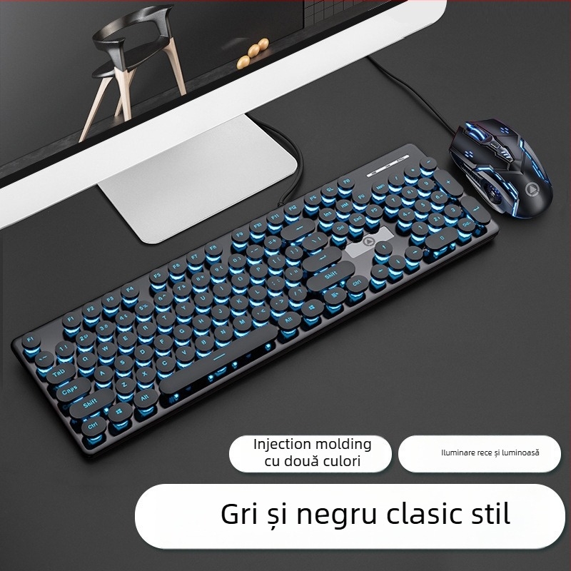 Set tastatură și mouse cablat, model V8, interfețe USB, iluminare, ergonomic, cablu 1,6 m