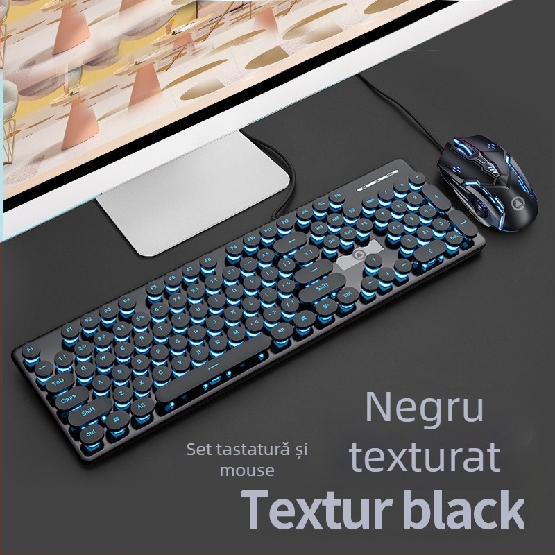 Set tastatură și mouse cablat, model V8, interfețe USB, iluminare, ergonomic, cablu 1,6 m