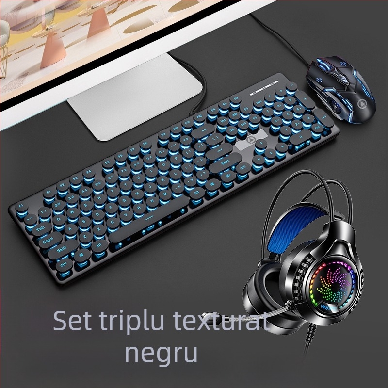 Set tastatură și mouse cablat, model V8, interfețe USB, iluminare, ergonomic, cablu 1,6 m