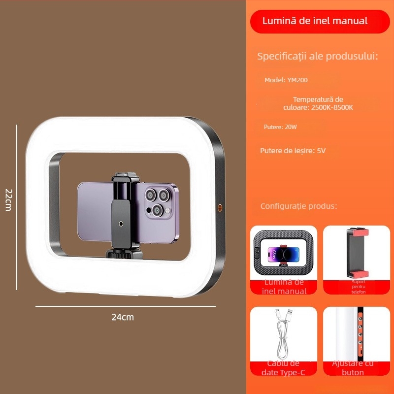 Lumină LED pentru streaming live și fotografie pe telefon | ținut în mână cu suport de birou | trei temperaturi de culoare | 20W, 5V | model 000375