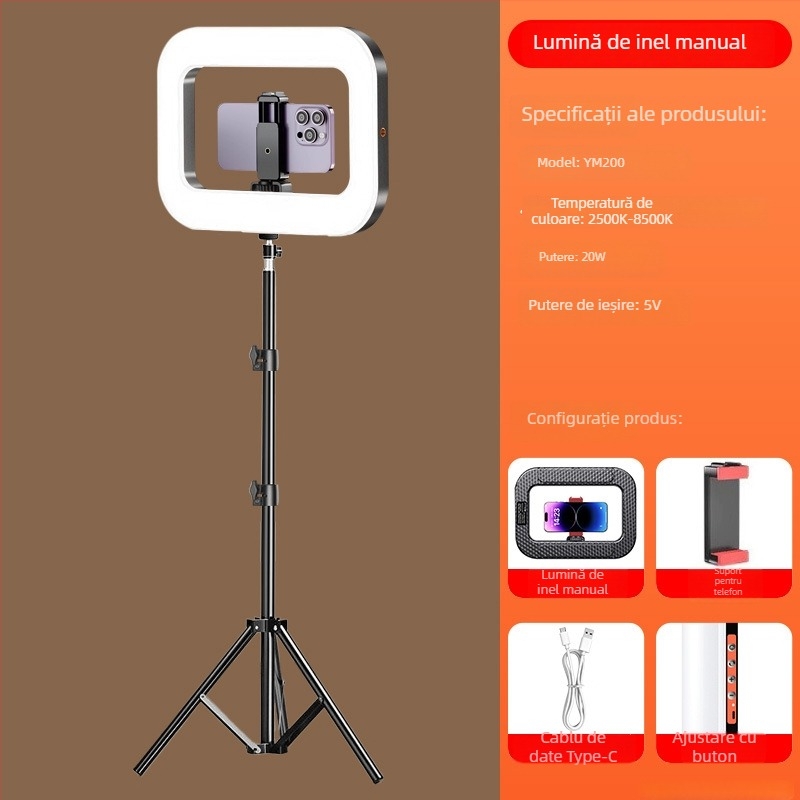 Lumină LED pentru streaming live și fotografie pe telefon | ținut în mână cu suport de birou | trei temperaturi de culoare | 20W, 5V | model 000375