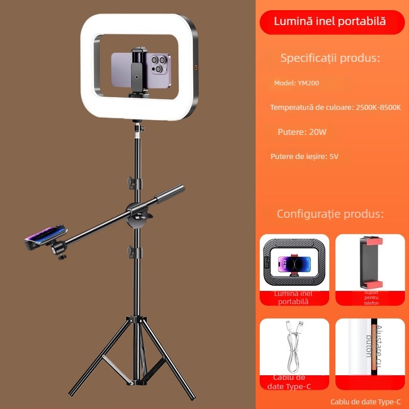 Lumină LED pentru streaming live și fotografie pe telefon | ținut în mână cu suport de birou | trei temperaturi de culoare | 20W, 5V | model 000375