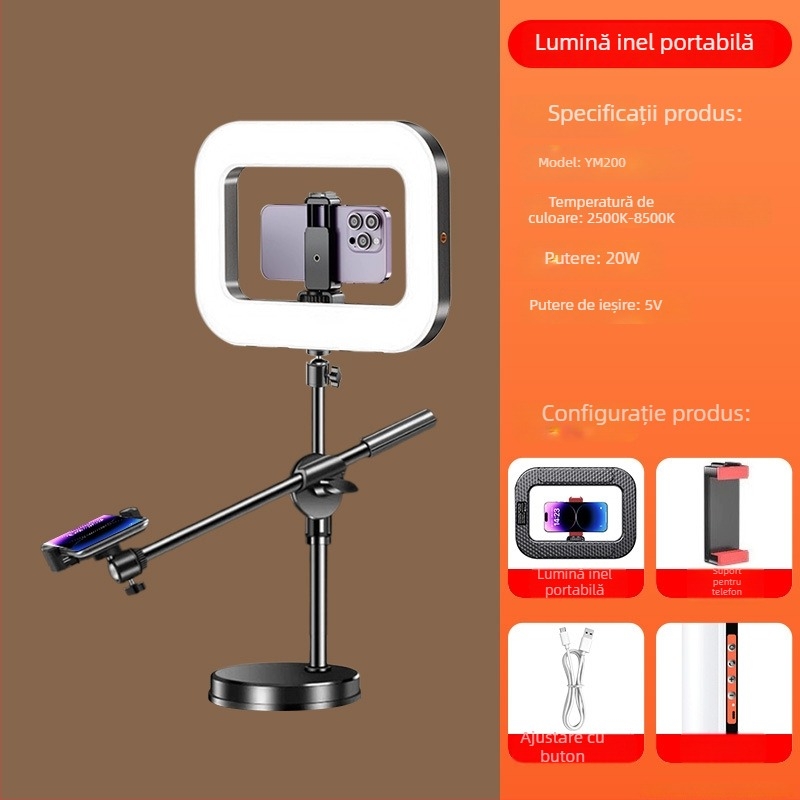 Lumină LED pentru streaming live și fotografie pe telefon | ținut în mână cu suport de birou | trei temperaturi de culoare | 20W, 5V | model 000375