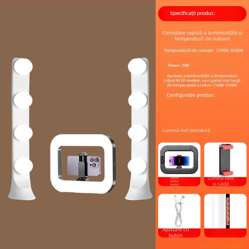 Lumină LED pentru streaming live și fotografie pe telefon | ținut în mână cu suport de birou | trei temperaturi de culoare | 20W, 5V | model 000375