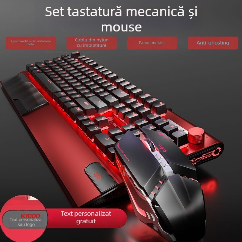 Langtu K1000 Set mecanic tastatură, mouse și căști – 104 taste, conectare cablu, iluminare RGB, comutator mecanic